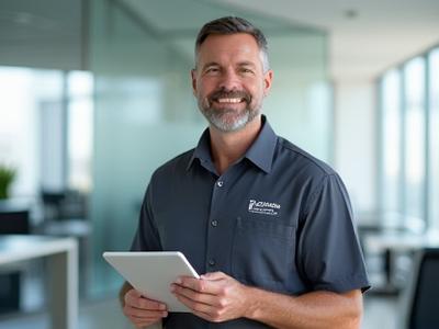 Mark, Commercial Services Supervisor, with a checklist and tablet