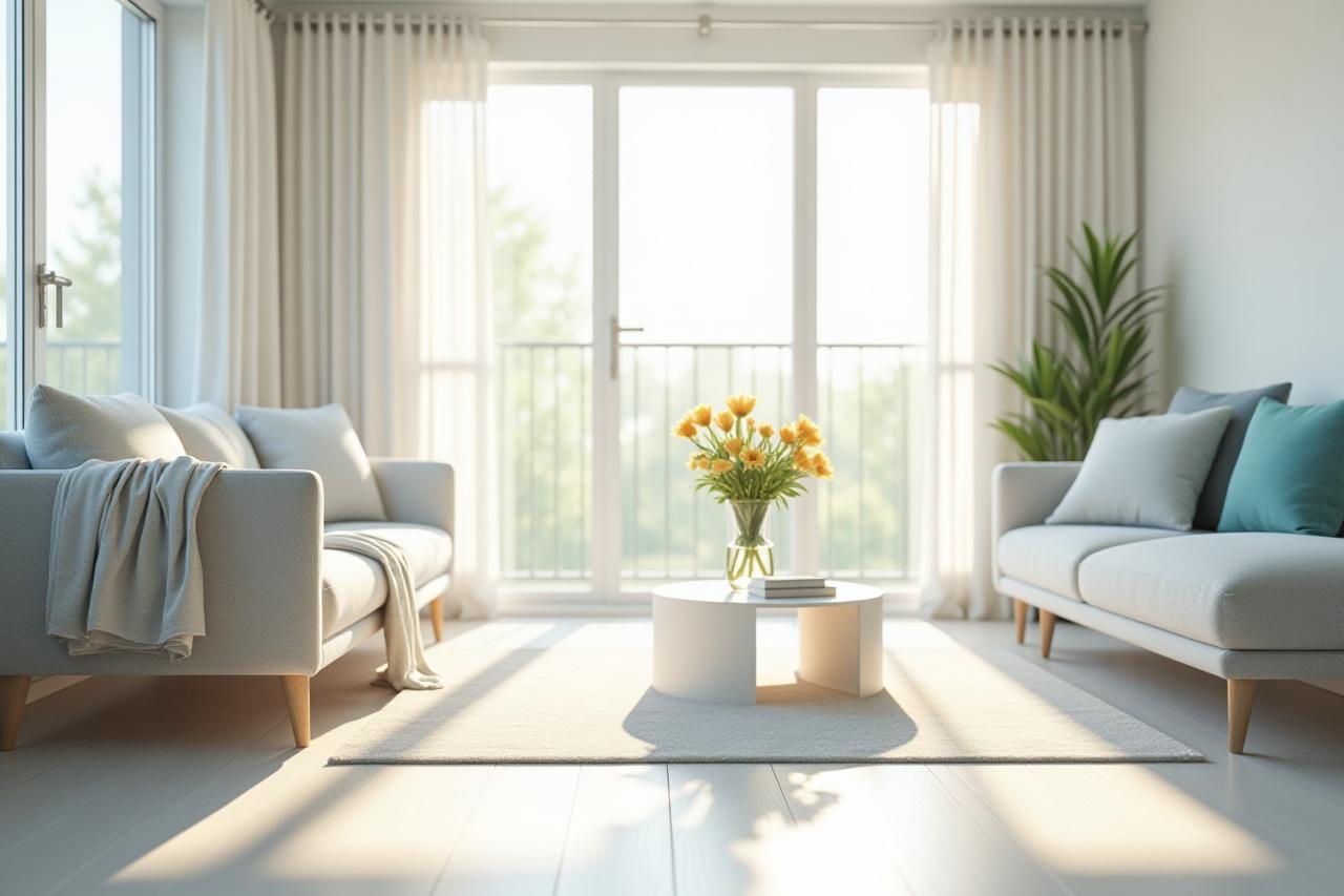 Bright, modern apartment living room with sunlight, impeccably clean and tidy, reflecting our pristine cleaning service in Corby.