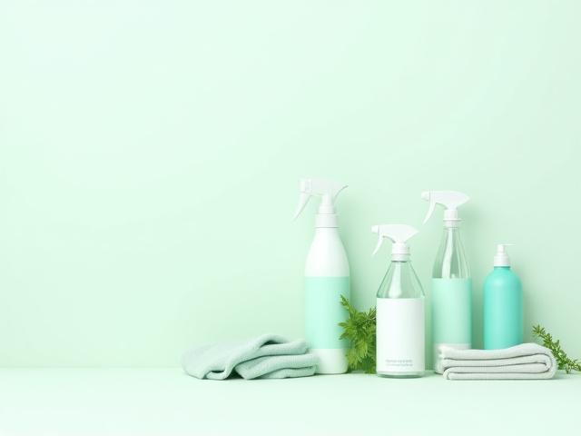 An array of eco-friendly cleaning product bottles with green leaves and nature-inspired labels, showcasing certified sustainable ingredients.