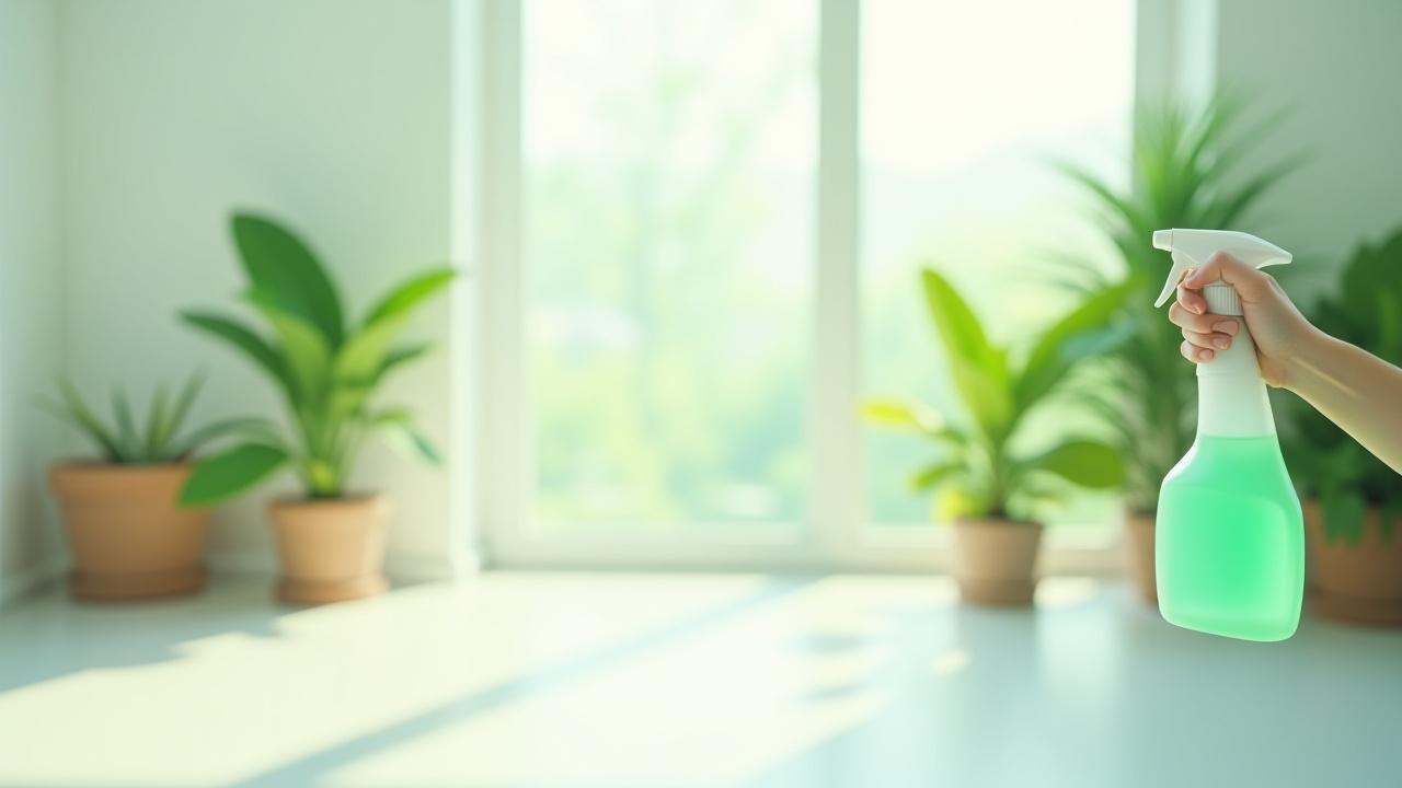 Bright, clean home interior with green plants and a gentle morning light, emphasizing a fresh, natural environment.