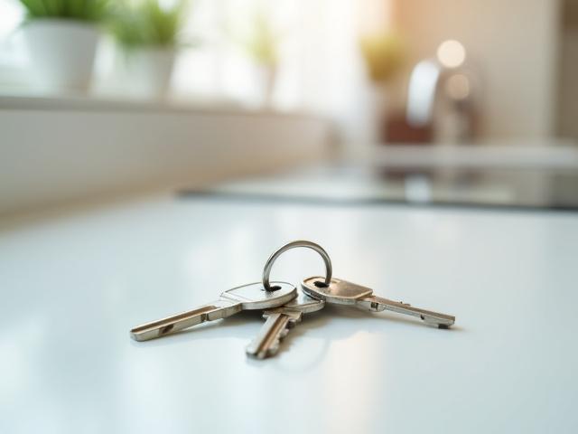 Keys on a spotless kitchen counter signalling a handover