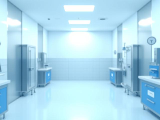 Spotless medical operating room with gleaming surfaces