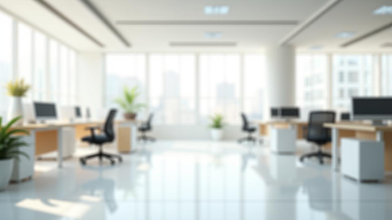 Impeccably clean, modern office space at sunrise, ready for a productive workday.