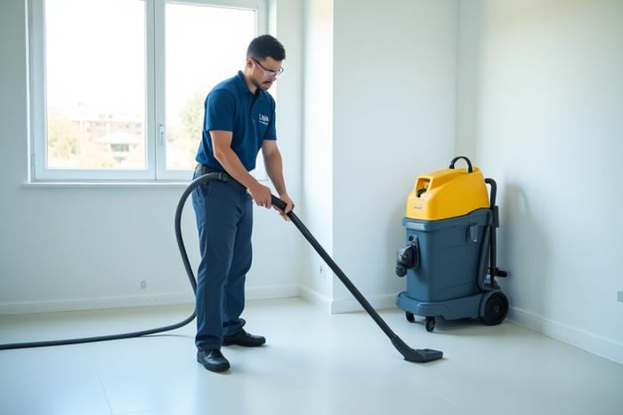 Professional cleaner using an industrial-grade HEPA vacuum in a clean, newly renovated room