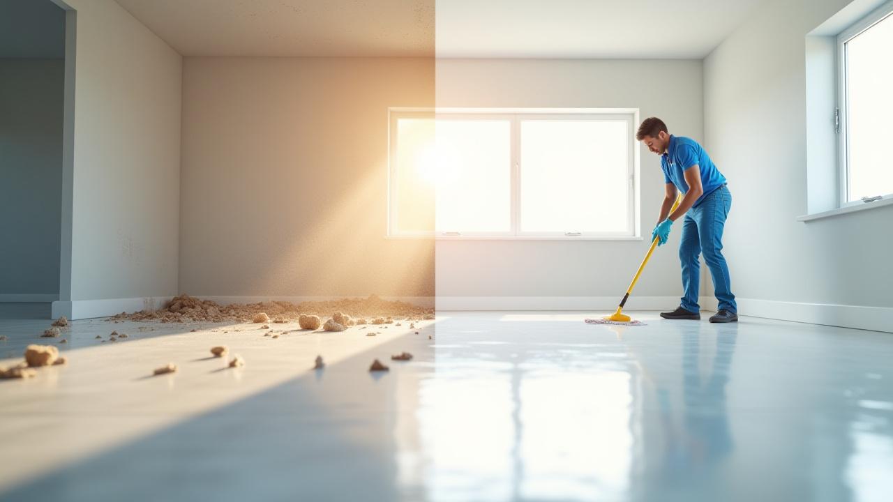 Clean professional wiping down a newly cleaned surface in a construction site with sunlight